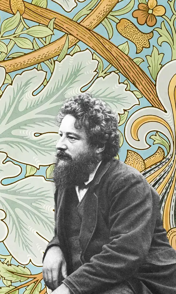 Secesyjny artysta William Morris na tle roślinnego wzoru.