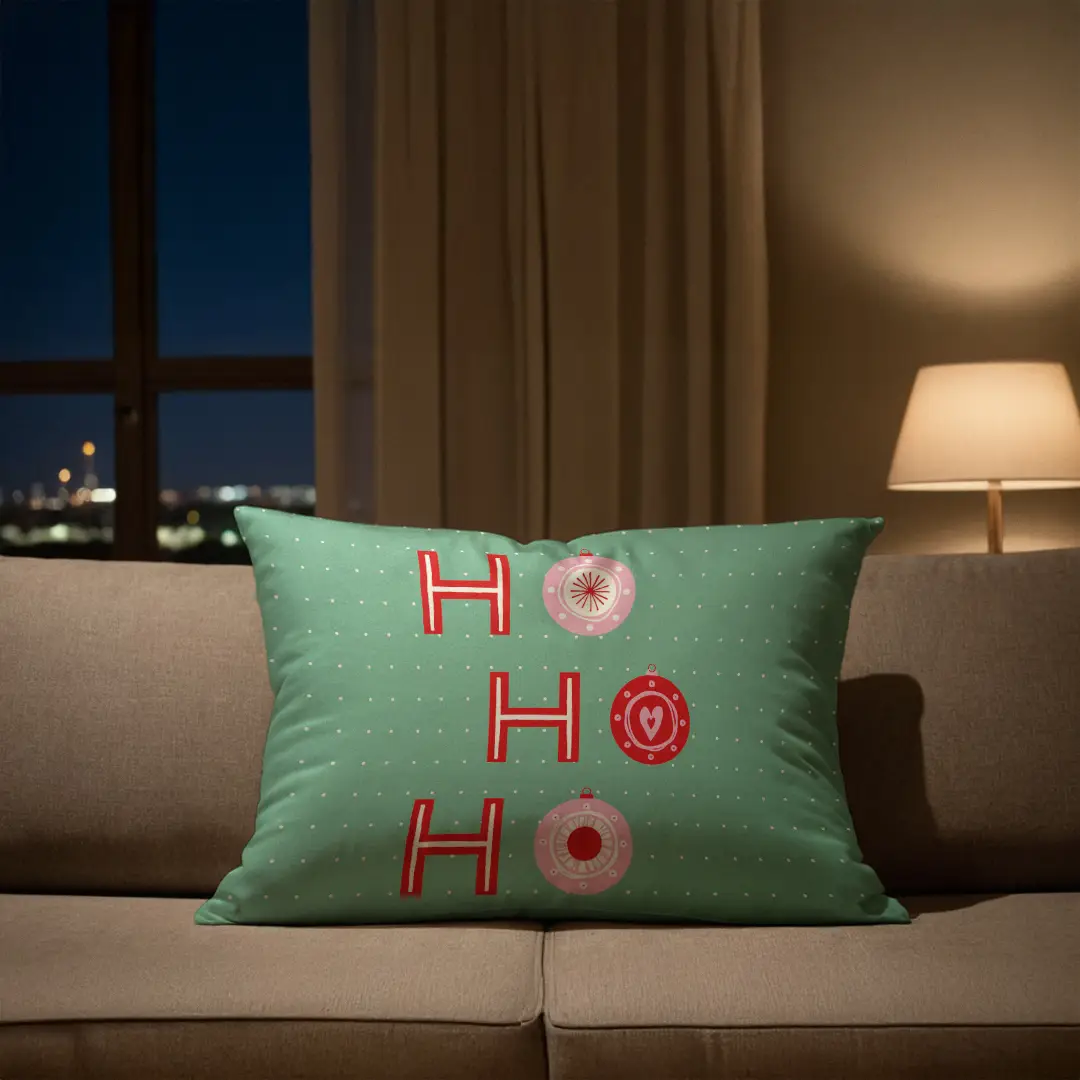 Poduszka świąteczna HO HO HO bombki zielone tło 40x60 cm