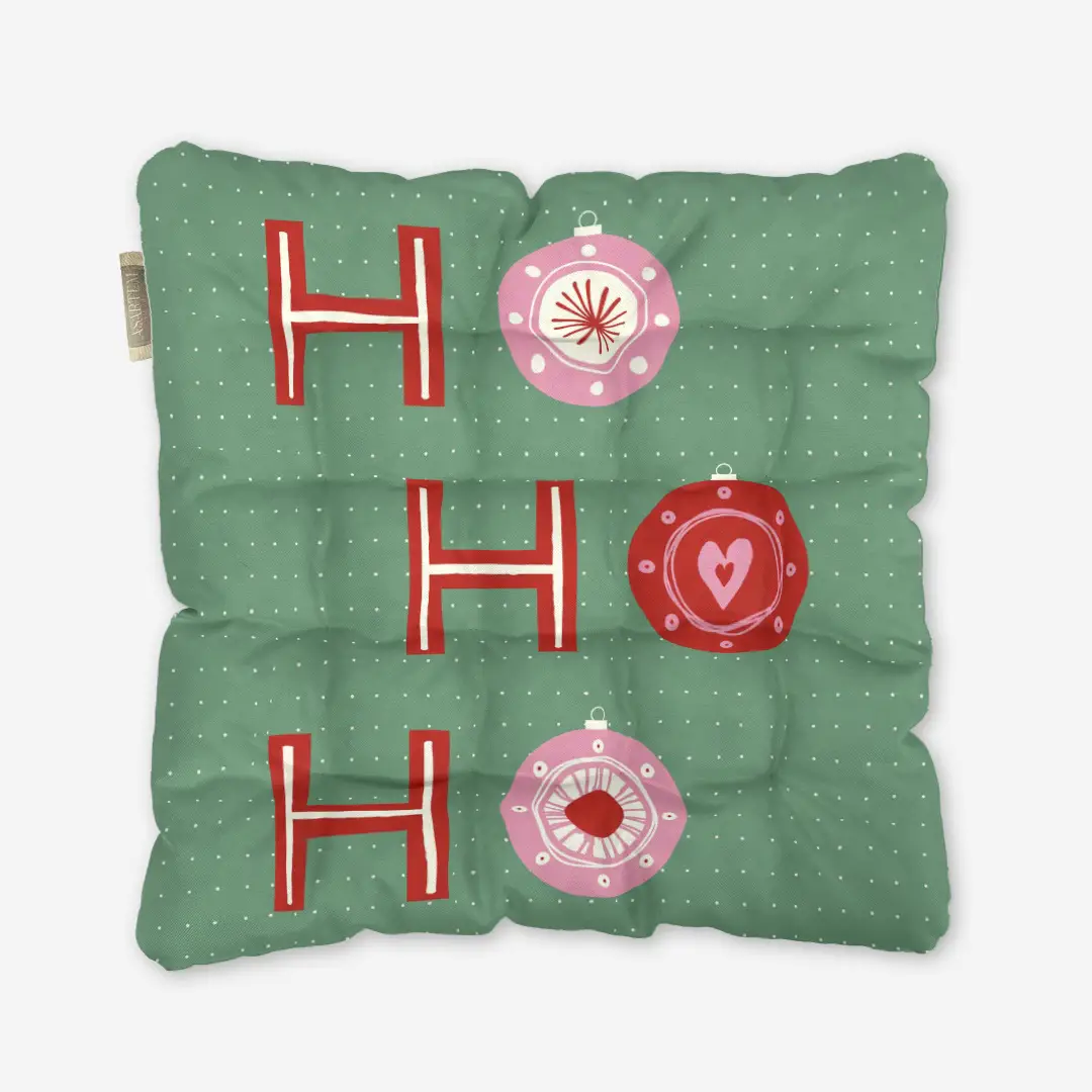 Poduszka świąteczna na krzesło HO HO HO bombki zielone tło 40x40 cm